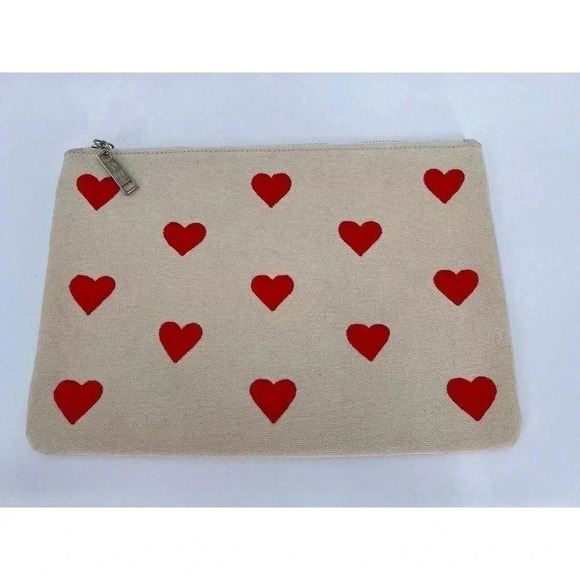 Edie Parker Heart Zip Pouch Vermillion Hearts Front Neutral on Back 11.5Wx8Hx1D